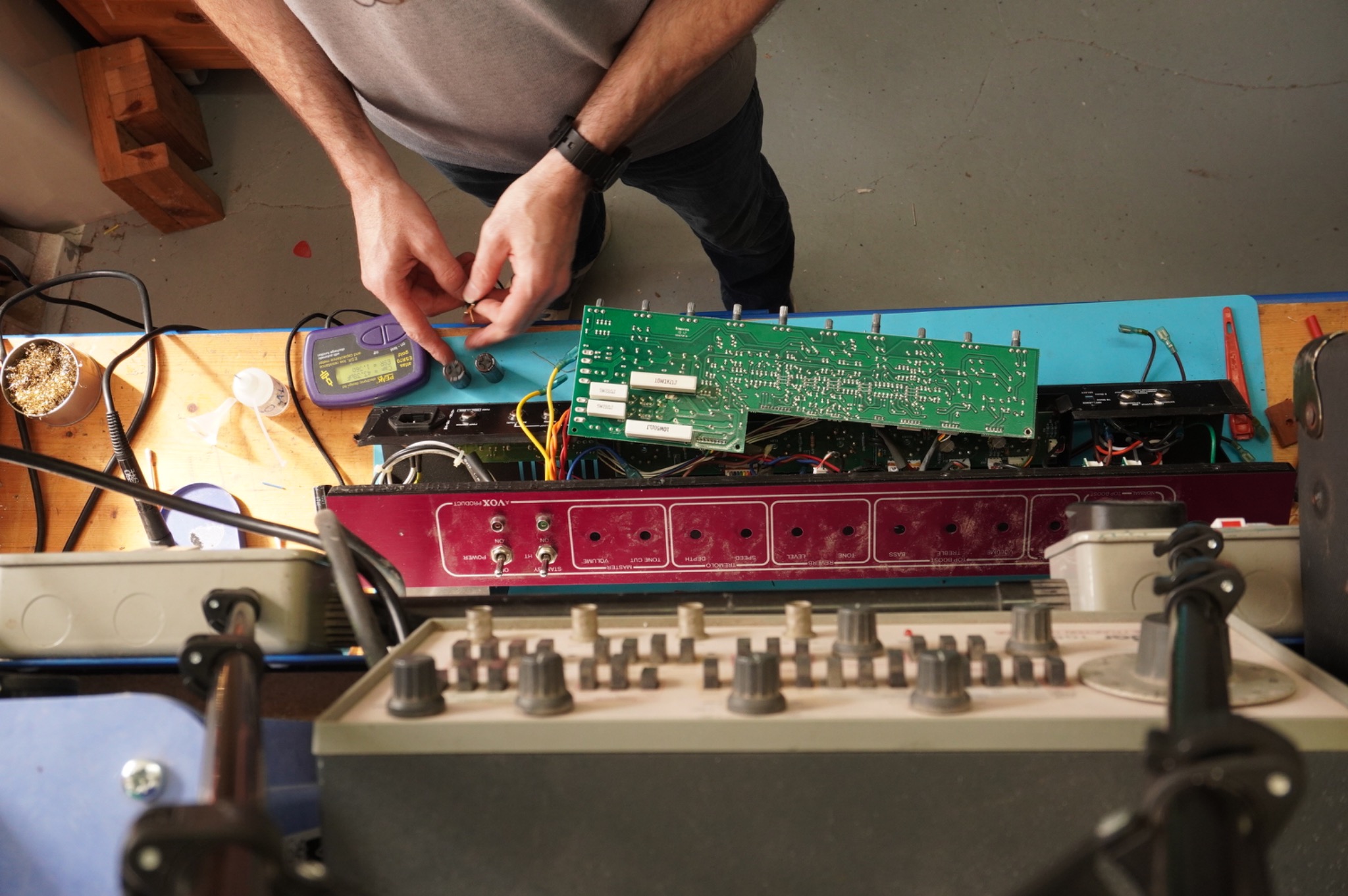Removed Vox AC30 components being checked at the electronics bench